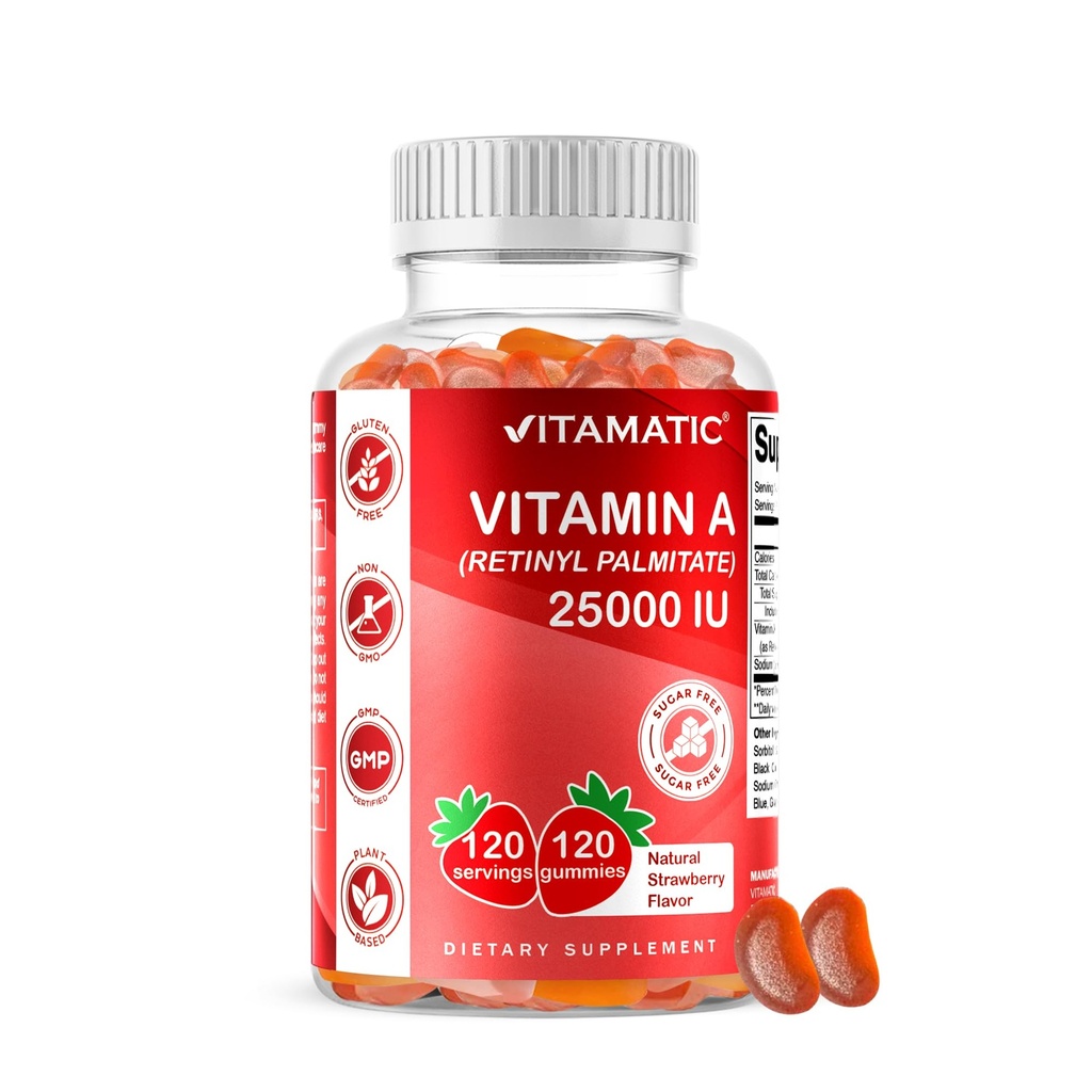 Vitamatic Sugar Free Vitamin A 25000 IU Gummies (Retinyl Palmitate) - Natural Strawberry Flavor - 120 Pectin Based Gummies (1 Flasche)