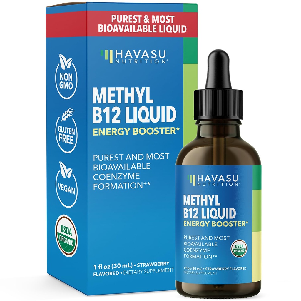 USDA Organic Vitamin B12 Liquid Drops - Methylcobalamin für Enhanced Energy und Nervous System Support - 30 Portionen - Hochverfügbar für Absorption - Non-GMO, Vegan, Erdbeeren Flavor, 1 Fl Oz