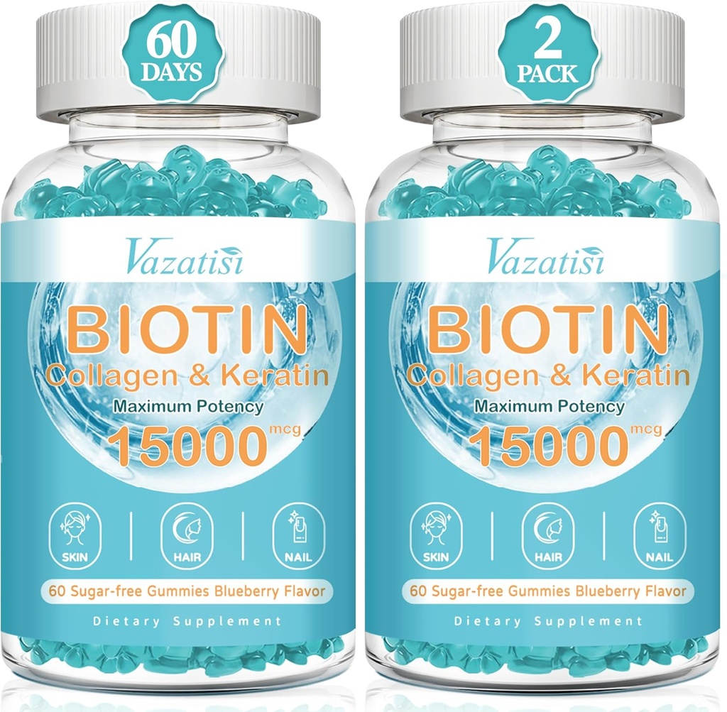 Biotin und Kollagen-Gummien mit B12, Haarhaut und Nägel Vitamine-Gummien für Haarwachstum, glänzende Haut & starke Nägel - Blueberry Flavor, Sugar Free, 120 Ct