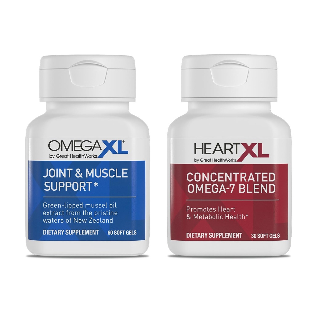OmegaXL Joint Support Supplement - Natürliche Muskelunterstützung, Green Lipped Mussel Öl, Soft Gel Pillen, Drug-Free, 60 Count + HeartXL 30 Count, High Potency Omega-7 Blend