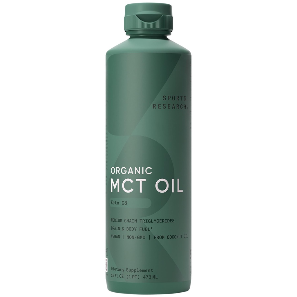 Sportforschung Keto MCT Öl aus Bio Kokosnüssen - Fettsäure-Brennstoff für Körper + Gehirn - Single Ingredient C8 Caprylic Acid - Perfekt in Kaffee, Tee, &amp; Mehr - Non-GMO & Vegan - Unflavored (16 Oz)