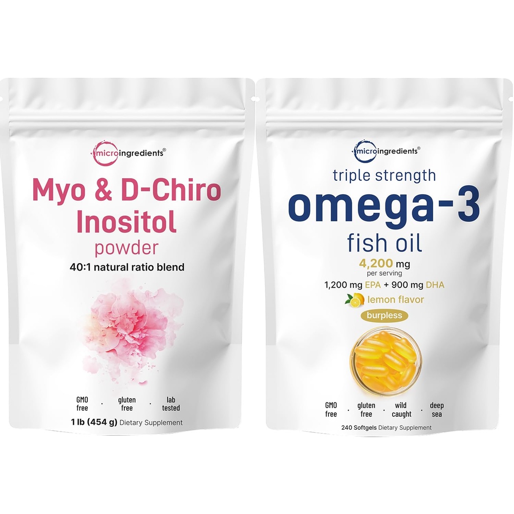 Micro Ingredients Omega-3 Fish Oil 4,200 mg Softgels & Myo & D-Chiro Inositol Powder Bundle 2 Pack | Wild-Caught Fish, Lemon Flavored, Burpless | Inositol Supplement für Damen