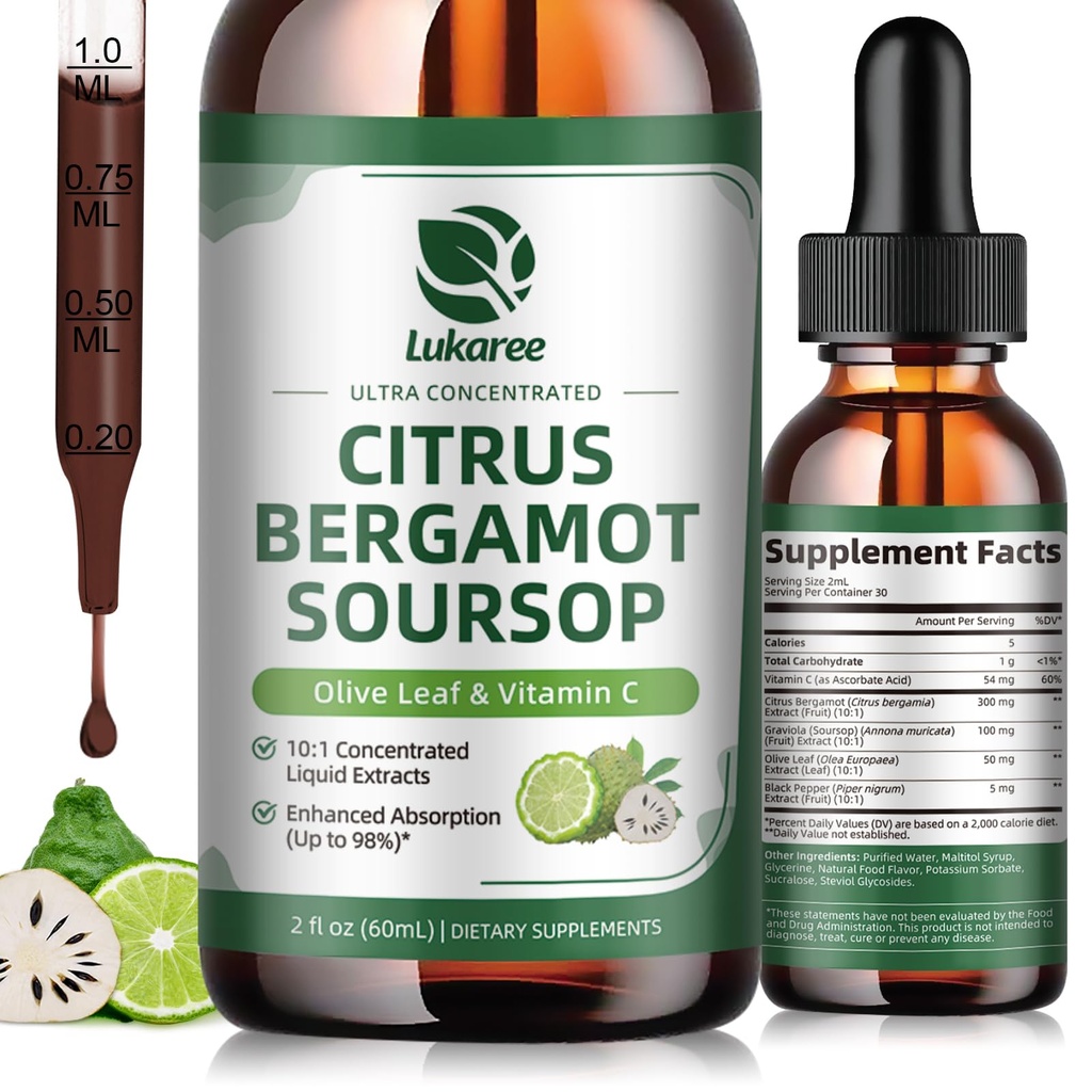 Citrus Bergamotte Flüssige Tropfen - Natürliche Ergänzung mit Soursop, Rote Hefe Reis, Knoblauch, Olivenöl Blatt, Schwarzer Pfeffer - Hohe Absorption - Unterstützung Gesamt Wellness* - Soursop Bitters Liquid, 2 Fl Oz
