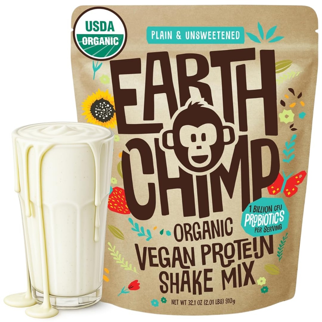 EarthChimp Organic Vegan Protein Powder - mit Probiotics - Non GMO, Dairy Free, Non Whey, Pflanzenbasiertes Proteinpulver für Frauen und Männer, Glutenfrei - 26 Servierungen 32 Oz (Plain & Unsweetened)