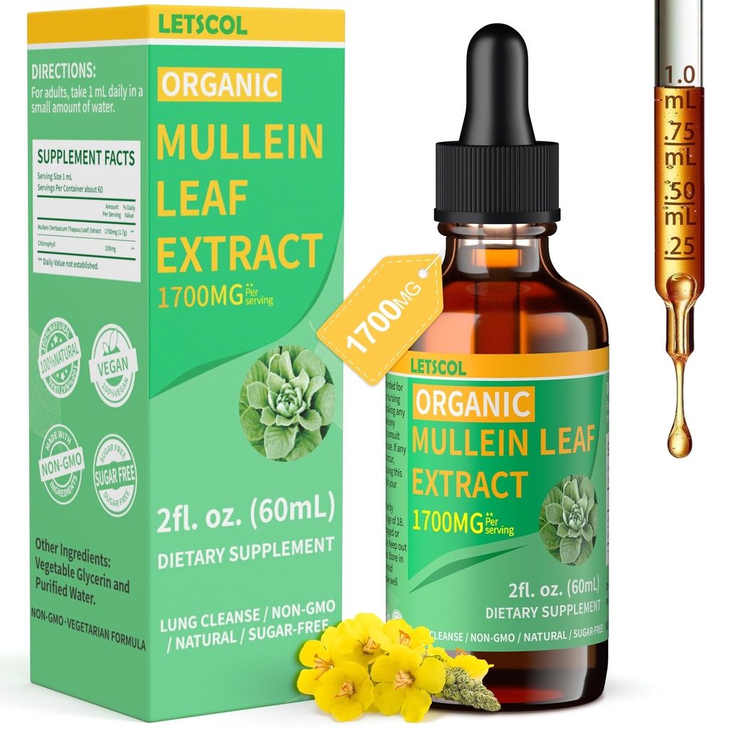 Bio Mullein Tropfen für Lung Cleanse, Leistungsstarke 1700mg Mullein Blatt Extrakt für Immun- und Respiratorische Unterstützung, natürliche Mullein-Ergänzung Tinktur Tropfen Non-GMO & Vegan, 2 Fl Oz