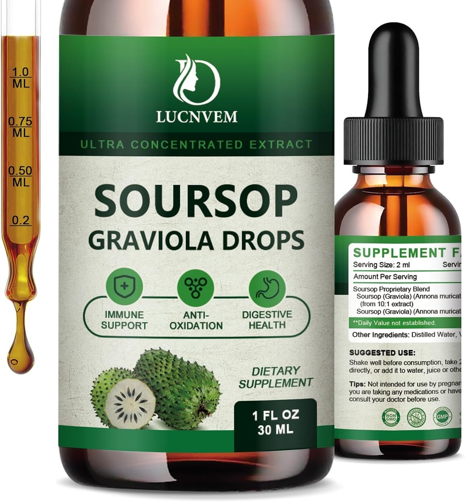 (2 packs) Graviola de sourcils organiques gouttes liquides, extrait de sourcils bio pur pour l'antioxydant naturel, le soutien cellulaire et la régénération, Immune Boost, amers de sourcils liquides riches en multivitamine - 2 FL OZ