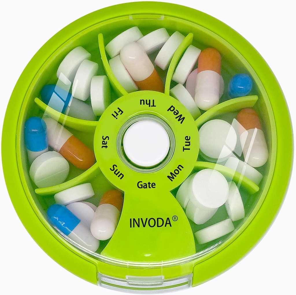 INVODA Weekly Pill Organizer 7 Compartiment Pill Box rotative pour les médicaments quotidiens et les vitamines - Portable Travel Pill Case Suppléments d'huile de poisson Organisateur de vitamines (Orange)
