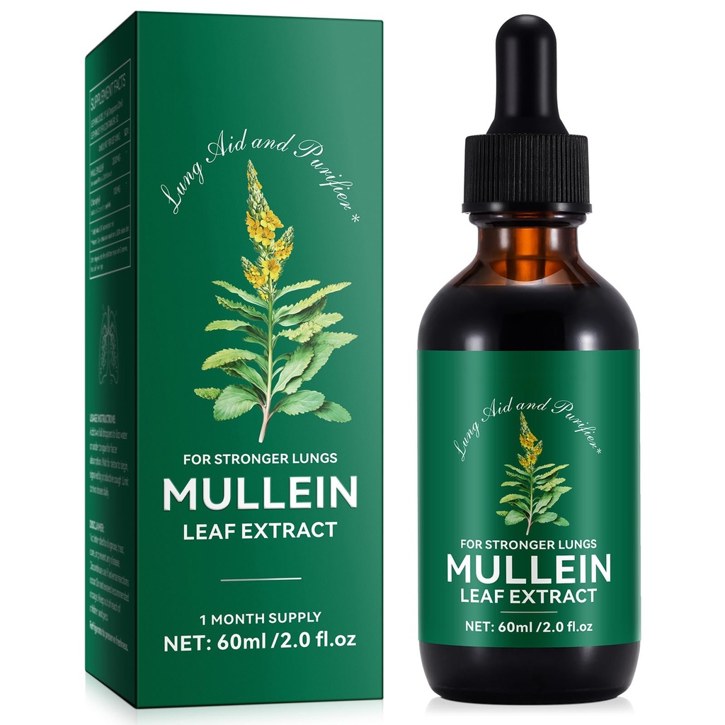 Gouttes de Mullein pour les poumons 2 Fl Oz - Extrait de feuille de Mullein pour les poumons avec de la chlorophylle - Supplément à base de plantes naturelles pour le nettoyage pulmonaire, le soutien respiratoire, stimule l'immunité, le bien-être digestif