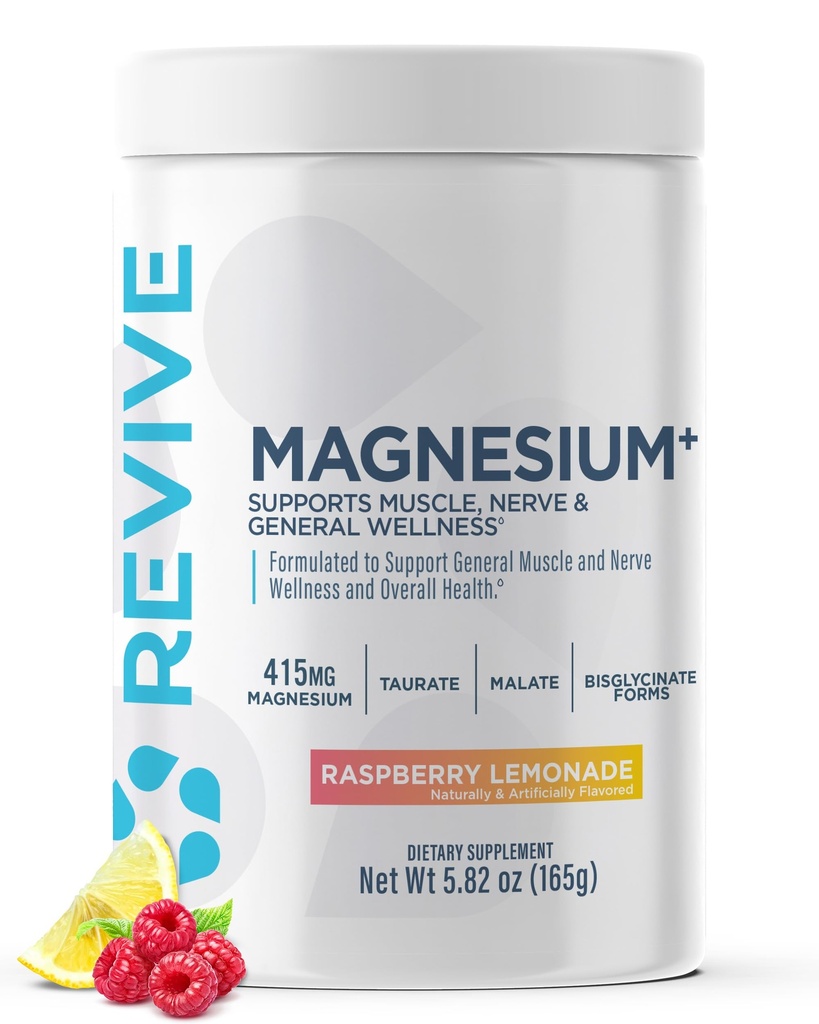 Supplément de poudre de magnésium Revive MD - Le carbonate de magnésium et la boisson en poudre Taurate soutiennent les os, les muscles et les nerfs sains - Végétalien-friendly, sans gluten et sans soja (Lémonade aux framboises, 30 portions)