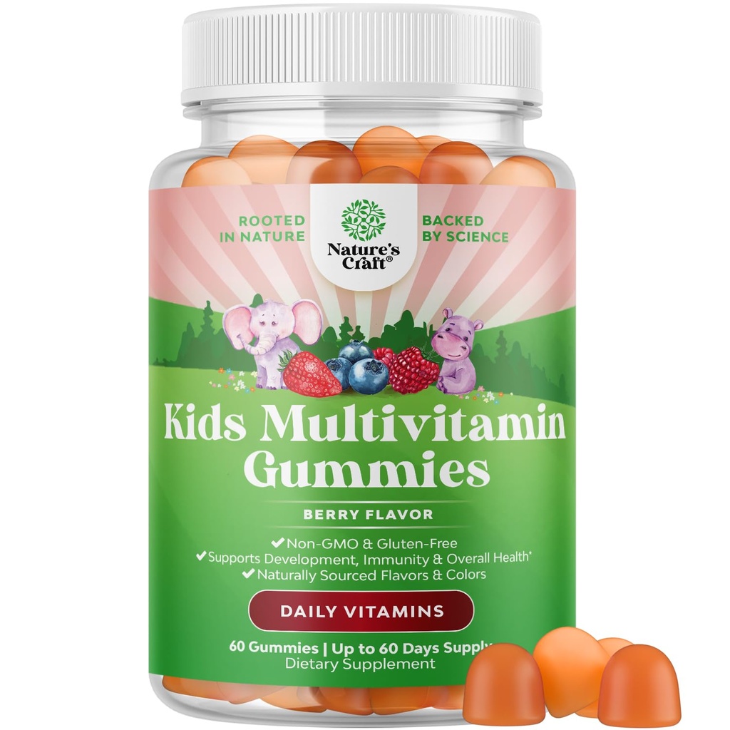 USDA Organic Kids Multivitamin Gummi - Multivitamin für Kinder Immununterstützung mit Vitaminen A, C, D3, E, B6 & B12, Zink & Jod - Kinder Vitamine Kauformel für starke Gesundheit - 60 Zähler