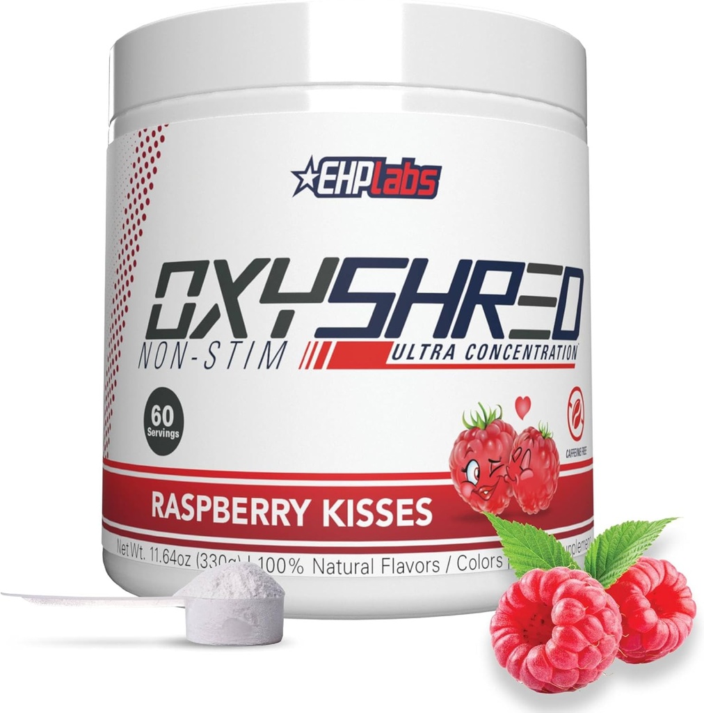 EHP Labs OxyShred Non Stimulant Pre Workout Powder - Stim Free, Koffein Free Preworkout für Männer und Frauen - Non Stim Preworkout - Sugar Free Energy Powder - Raspberry, 60 Portionen