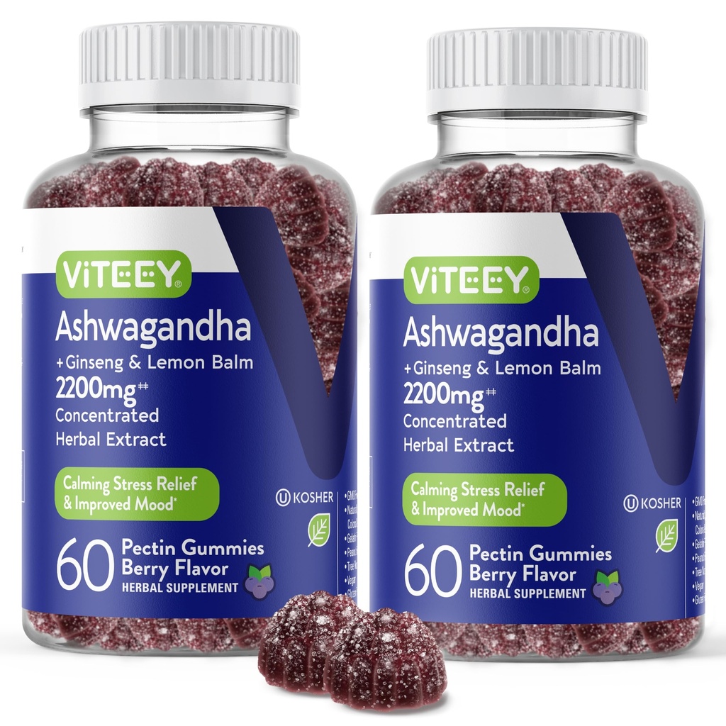 Viteey Ashwagandha Gummis mit Ginseng & Lemon Balm - Mood, Calm & Stress Support Ashwagandha Beilagen - Vegan, Glutenfrei - 120 Count