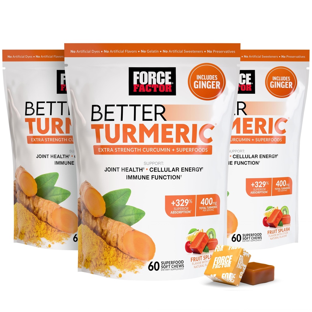 Force Factor Better Turmeric Joint Support Supplement for Extra Strength Joint Health, mit HydroCurc Turmeric Curcumin mit schwarzem Pfeffer für ausgezeichnete Absorption, Frucht-Splash, 180 Soft Chews
