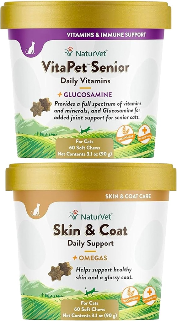 NaturVet – Skin & Coat Plus Omegas für Katzen – 60 Soft Chews | Unterstützt gesunde Haut &amp; Glossy Mantel | & VitaPet Senior Daily Vitamins für Katzen, Formuliert, um essentielle Mineralien, 90 g, 60 Graf