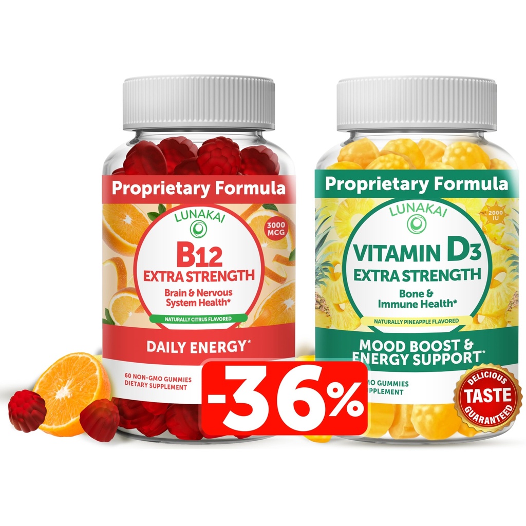 Lunakai Vitamin D3 und Vitamin B12 Gummi Bundle - Immunität, Knochen und Stimmung Unterstützung VIT D3 2000IU Supplement - 3000mcg Methylcobalamin Hohe Absorption Energie Gummy