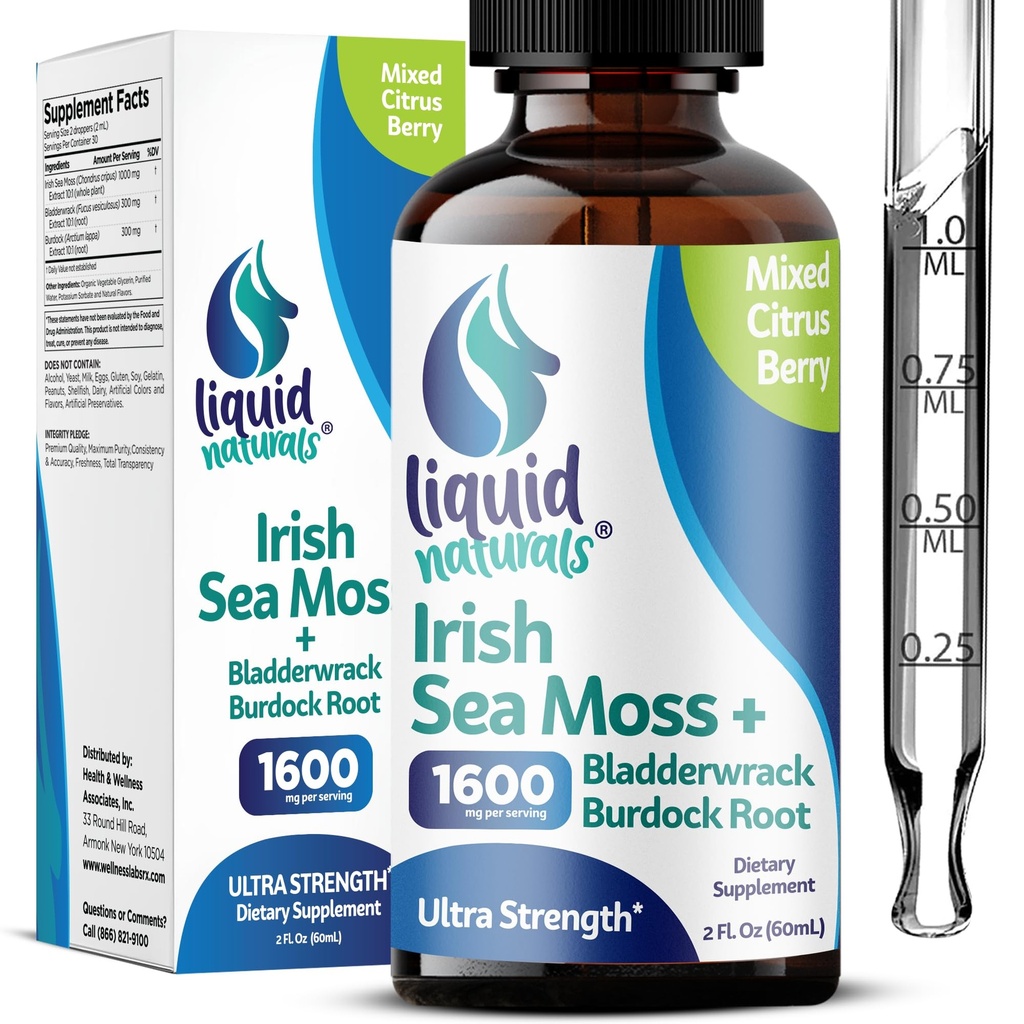 Drops de mousse de mer d'Irlande - Citrus Berry Flavor - 92+ Minéraux essentiels et vitamines - Énergie, peau, gourdin, récupération - Bladderwrack et racine de dard - 2 fl. oz