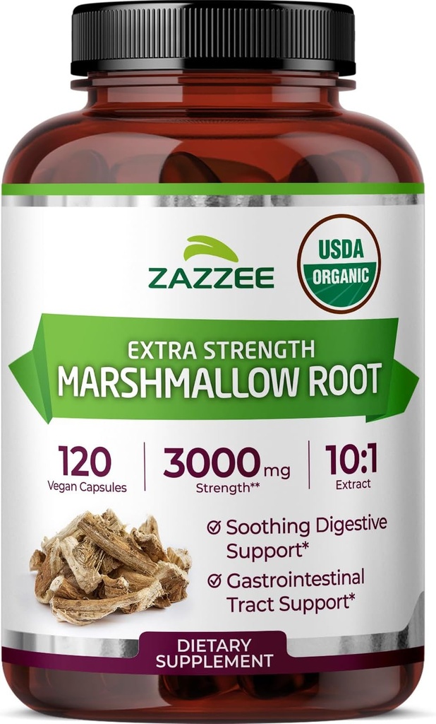 Zazze USDA Organic Marshmallow Root 10:1 Extrakt, 3000 mg Stärke, 120 Vegan Kapseln, 4 Monate Versorgung, Standardisiert, Konzentrat 10X Extrakt, 100% Vegetarisch, All-Natural, Non-GMO, Made in USA
