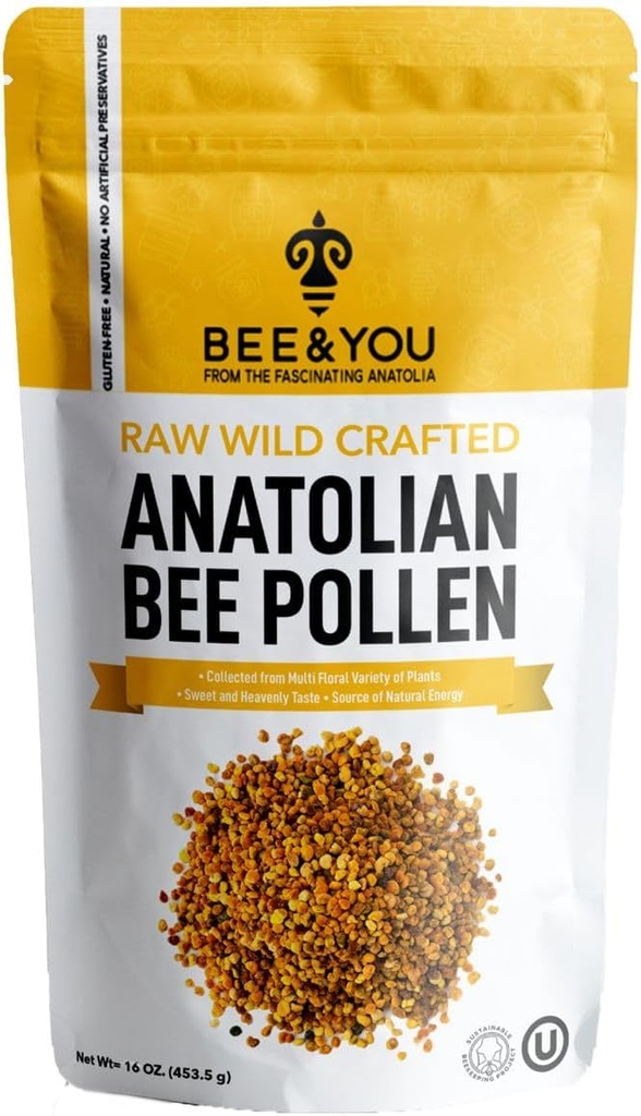 Abeille et vous Abeille Granules de pollen, 16oz (1lb) Sachet, 100% Pure, Supplément naturel, Antioxydants, Protéines, Vitamines, Acides aminés, pour adultes, femmes, hommes