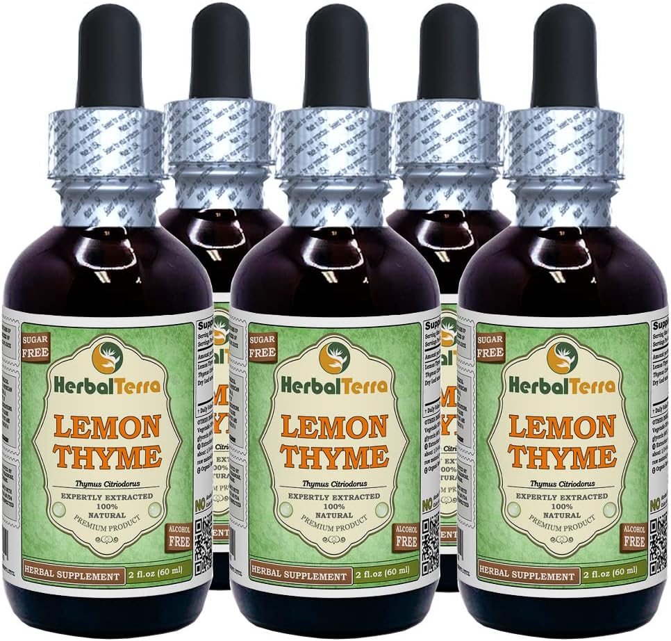 Lemon Thyme (Thymus x Citriodorus) Glycerit, Organic Dried Herb Alcohol-Free Liquid Extract (Markenname: HerbalTerra, Proudly Made in USA) 5x2 fl.oz (5x60 ml)