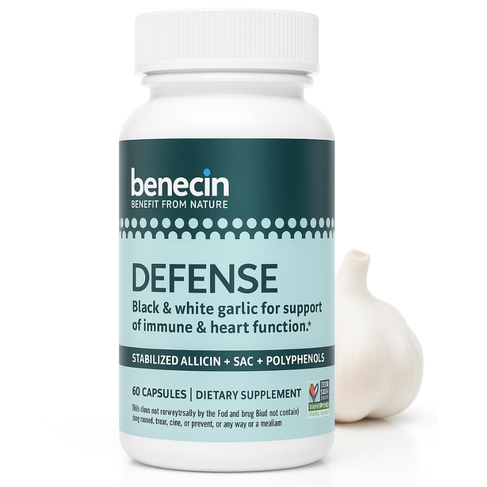 Benecin Defense 1500 mcg Stabilisiertes Allicin pro Kapsel | Plus hohe Mengen an SAC & Polyphenolen aus schwarzem Knoblauch | Leistungsstarke Unterstützung von Immun- & Herz-Funktion Vegetarische Kappen (1 Graf (Pack von 60))