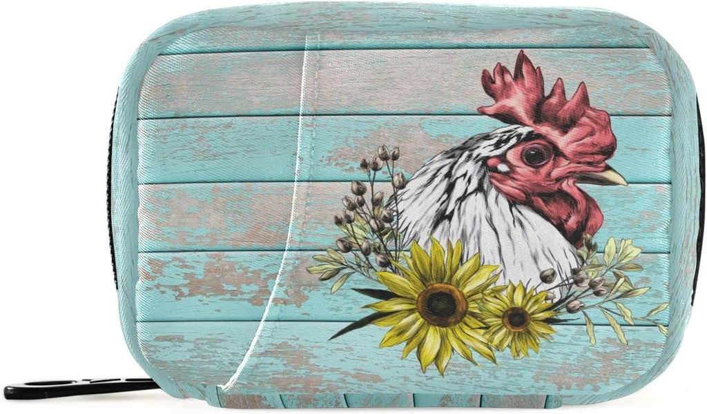 Pille Box Wooden Hahn Sonnenblume Pille Box 7 Tage Pille Tasche Reise Pille Organizer Tasche mit Reißverschluss Portable Weekly Case Compact Größe für Vitamin Supplement Halter