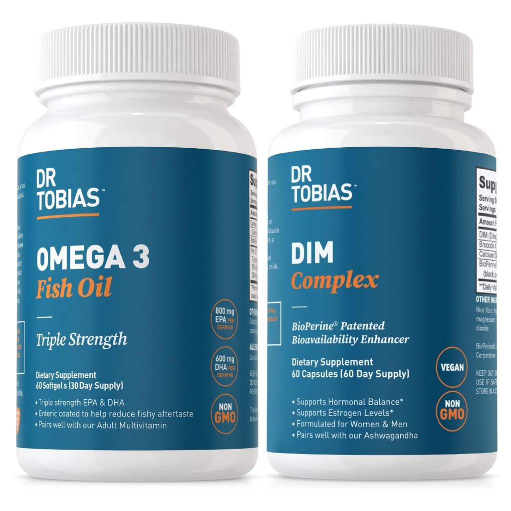Dr Tobias Omega 3 Huile de poisson et compléments complexes DIM, soutient le cœur, la fonction immunitaire cérébrale et l'équilibre hormonal pour les femmes et les hommes avec BioPerine, Borcoli Extract & Calcium D-Glucarate, 60 Capsules