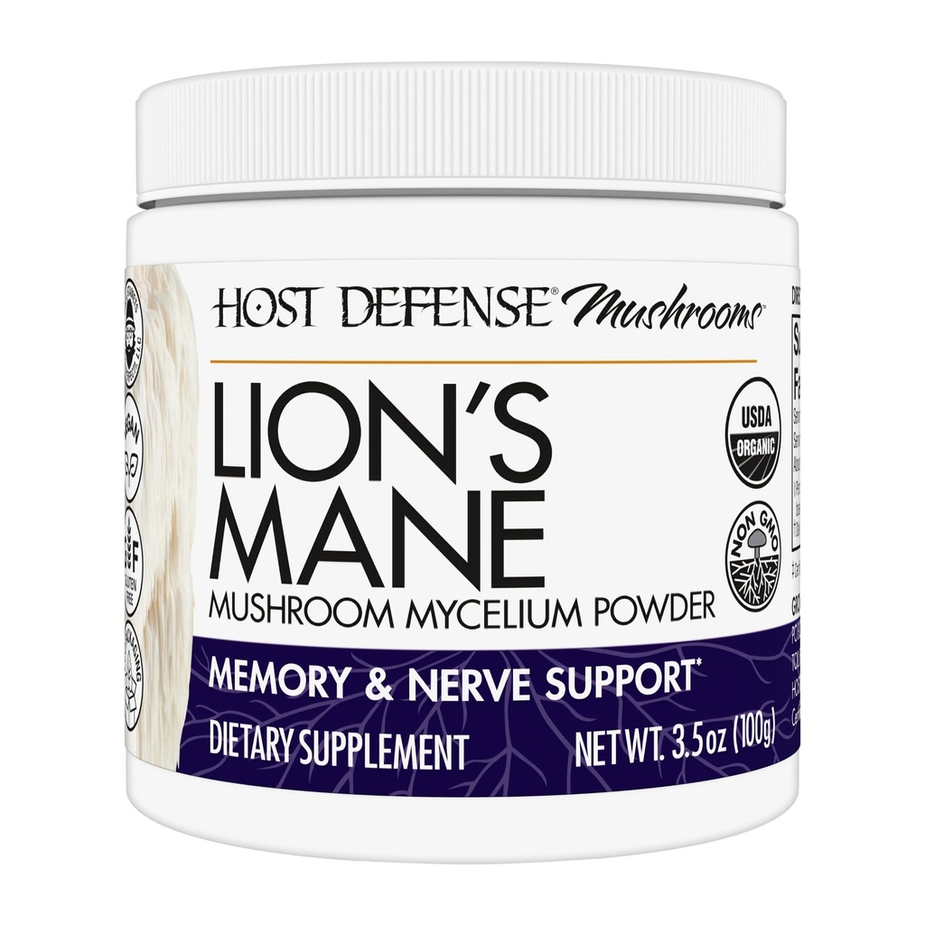 Host Defense Lion's Mane Powder - Brain Health Support Supplement - Pilz-Ergänzung zur Unterstützung Fokus & Speicherfunktion - Immun- & Nervous System Support Supplement - 3.5 oz (66 Servietten)*