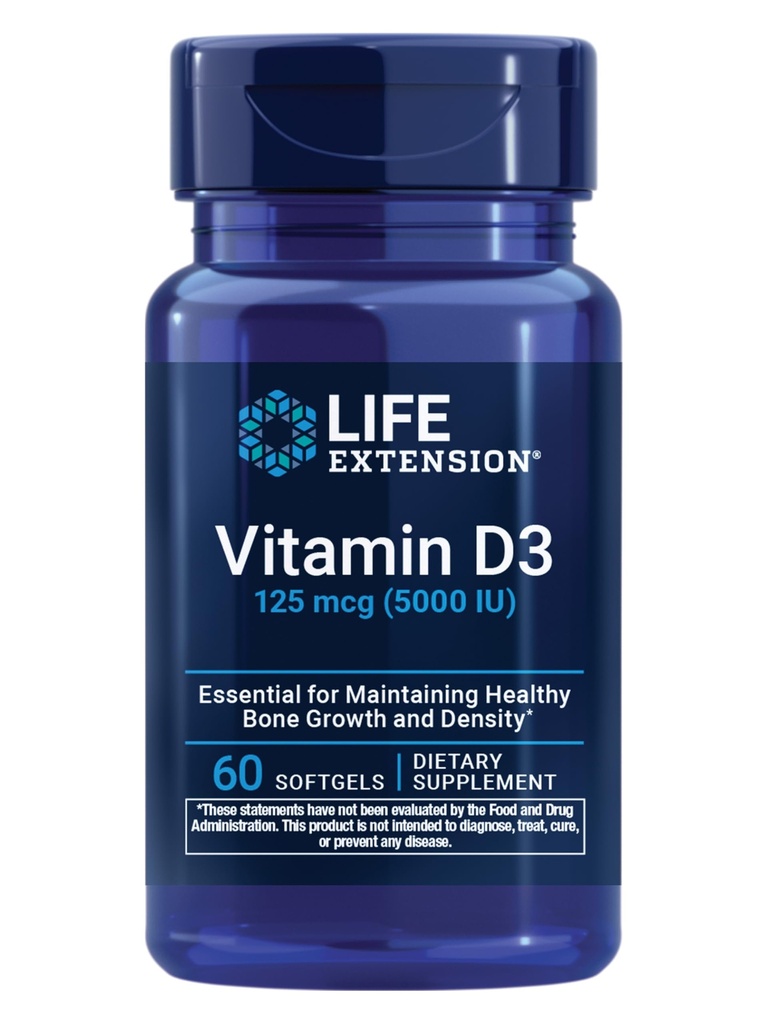 Lebensverlängerung Vitamin D3 125 mcg (5000 IU), Knochengesundheit, Hirnleistung, Immunsystemunterstützung, Glutenfrei, Non-GMO, Einmal täglich, Zwei-Monats-Versorgung, 60 Softgels