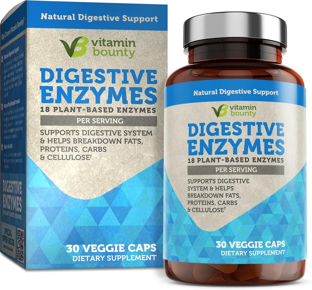 Vitamin Bounty Digestive Enzyme - Präbiotika mit 18 Enzymen, Verdauungsenzyme für Frauen und Männer, Verdauungsergänzung, Aid in Breaking Down Fats, Proteine und Kohlenhydrate - 30 Kapseln