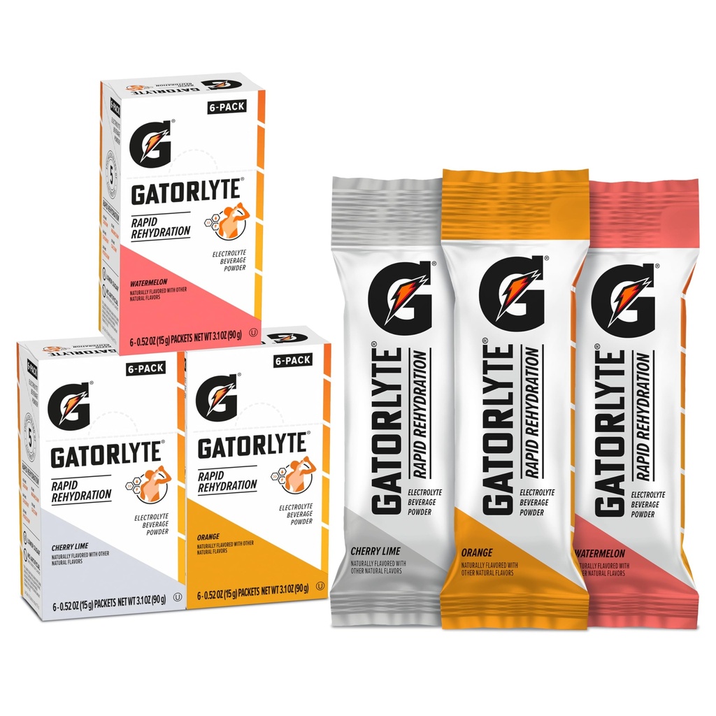 Gatorlyte Réhydratation rapide Boissons à électrolyte, Conditionnement varié, Sucre inférieur, Mélange spécialisé de 5 électrolytes, Pas d'édulcorants artificiels ou d'arômes, 18 Conditionnement, 1 Mélange de conditionnement avec 16,9oz (500ml) d'eau