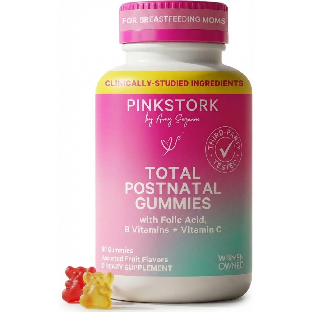Pink Stork Total des vitamines après la naissance - Multivitamines pour le rétablissement postpartum et le soutien de la lactation - Acide folique, B6 et vitamine C - Essentiels postpartum - 60 vitamines gommy