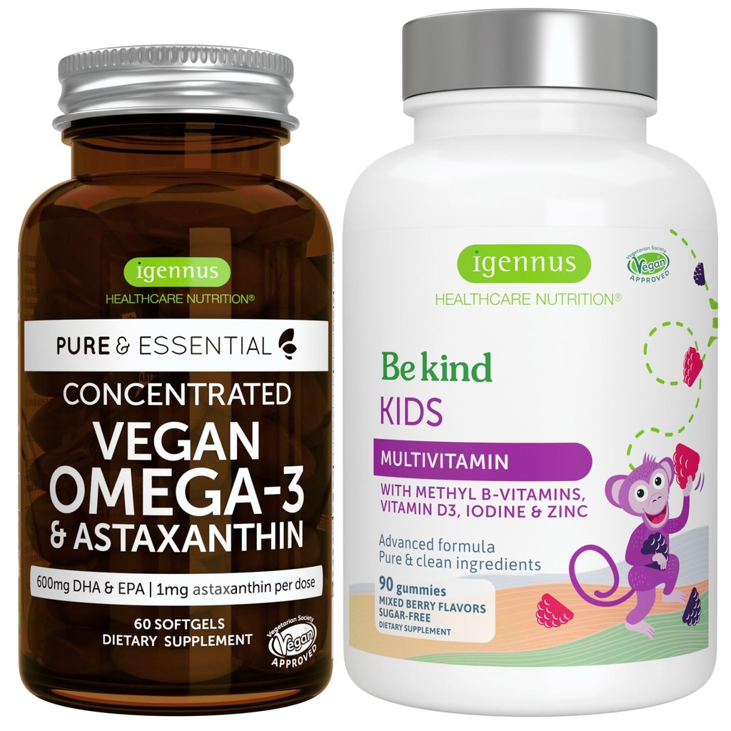 Vegan Omega-3 Algenöl + Advanced Kids Multivitamin Gummy Bundle, High Concentration DHA & EPA + Vitamin A, B, C, D3 & E, Clean Ingredients 60 Softgels + 90 Berry Flavor Gummis, von Igennus