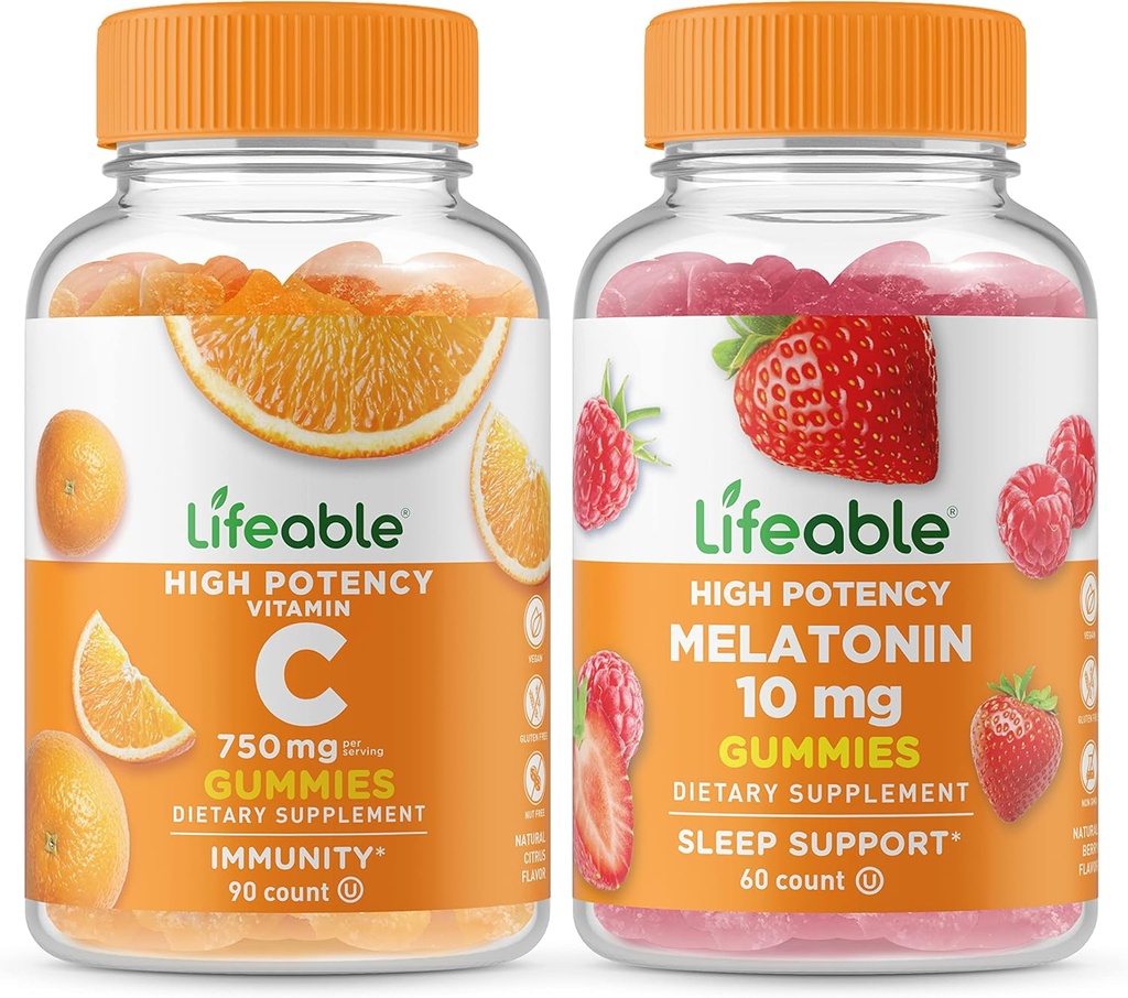 Lebensfähiges Vitamin C 750mg + Melatonin 10mg, Gummies Bundle - Great Tasting, Vitamin Supplement, Glutenfrei, GVOfrei, Kaugummi