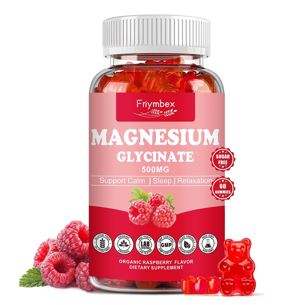 Magnesium Glycinate Gummies 500mg | Relaxation Calm Magnesium Gummies | Sugar-Free | Non-GMO | Glutenfrei | Vegan-Friendly für Erwachsene & Kinder (60 Raspberry Gummies)