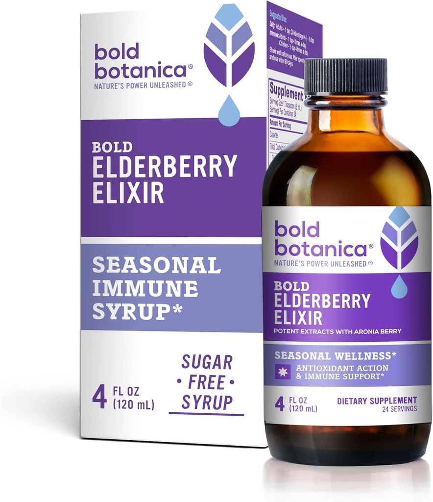 Bold Botanica Elderberry Elixir – 65x Konzentrierter Extrakt - Sugar-Free - Kid Friendly - Black Elderberry Syrup mit Aronia Berry für Immununterstützung - 4 Fl. Oz.