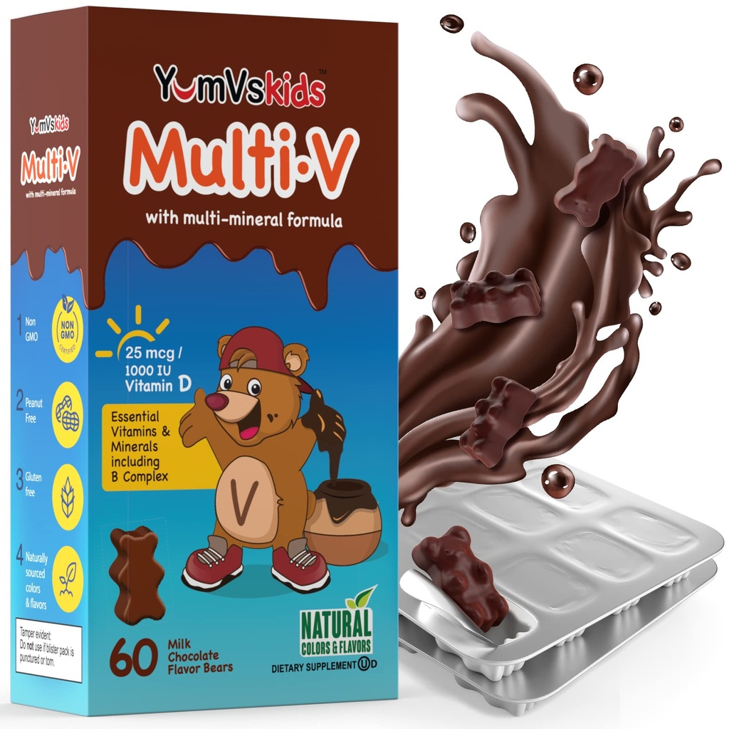 YUM-V'S - Kids Multivitamin Chewable Chocolate Bears - Multivitamin für Kinder Beilage - 16 Vitamine & Mineralstoffe - Vitamine einschließlich D, Zink, C, B Complex &amp; More, 60 Count Pack von 1