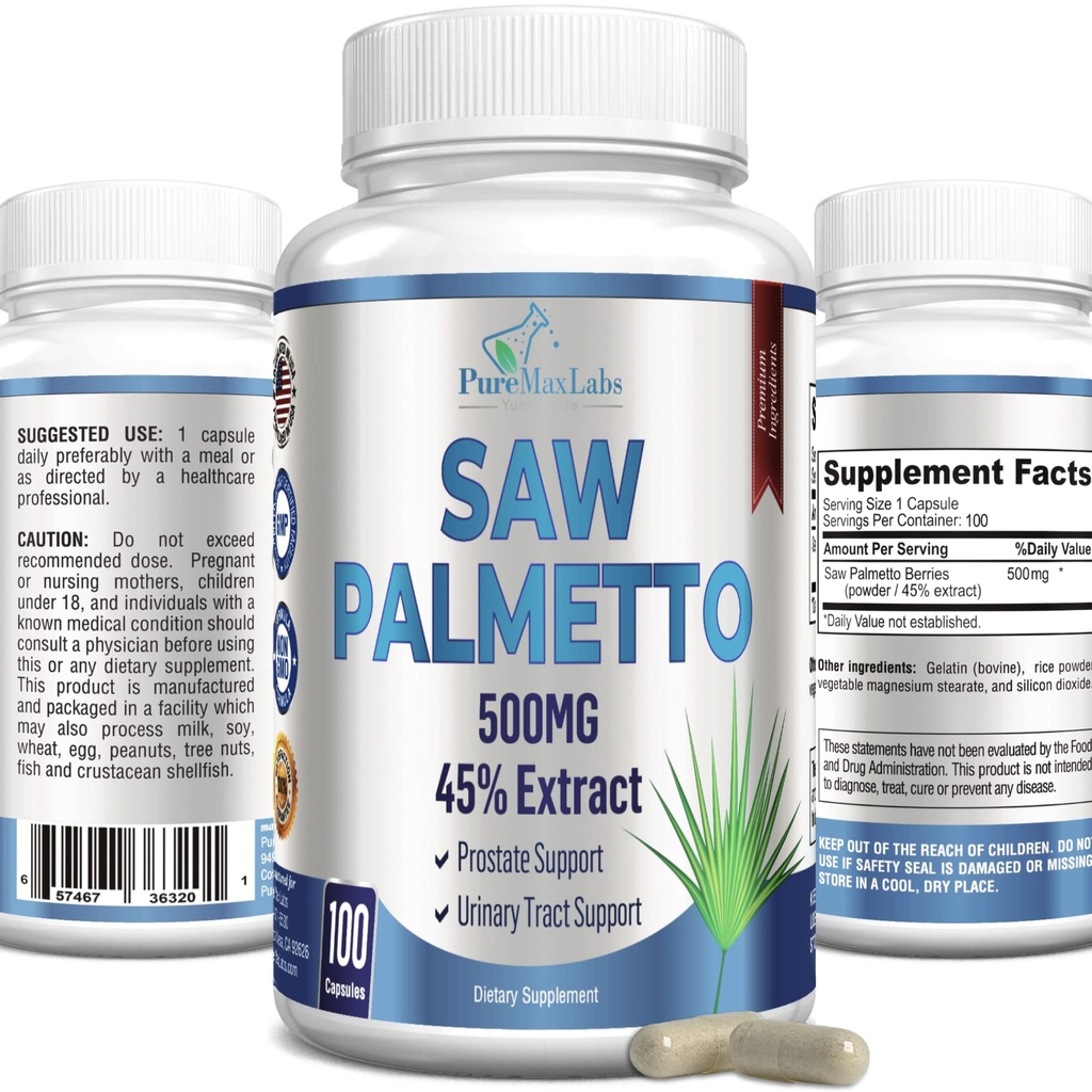 Extra Strength Saw Palmetto - 45% Extrait Prostate Supplément, Diminution Urination fréquente, DHT Blocker pour la croissance des cheveux, Non-OGM, 100 Capsules