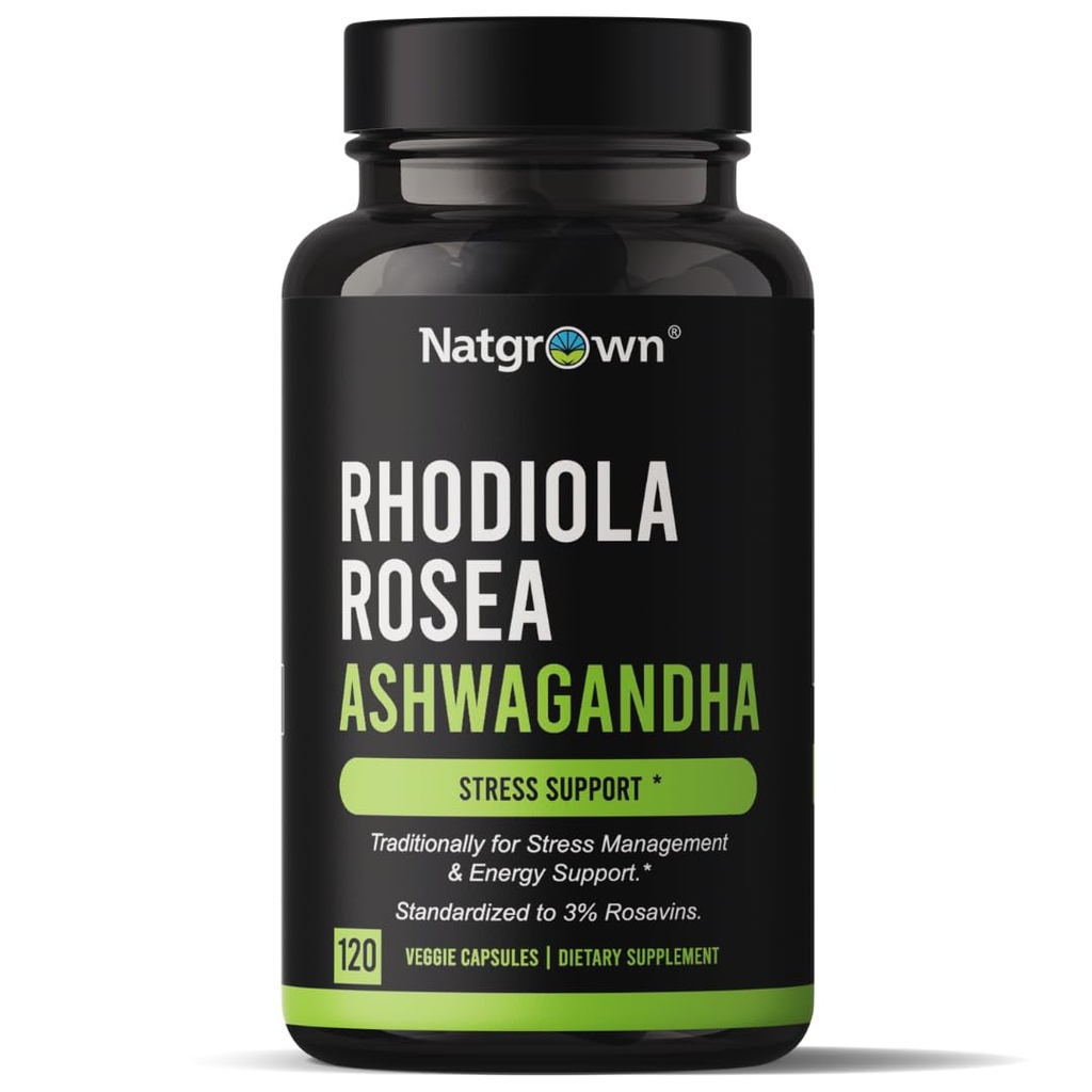 Natgrown Rhodiola Rosea mit Ashwagandha Wurzelextrakt Kapseln - Standardisiert auf 3% Rosavins und 1% Salidroside - 120 Count