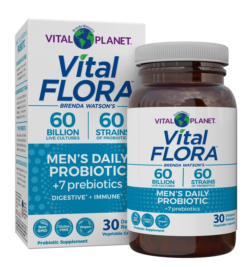 Planète Vitale - Vital Flora Men.Probiotiques quotidiens, 60 milliards CFU, 60 souches diverses, 7 prébiotiques organiques, soutien immunitaire, dégazage, colon et probiotiques de santé digestive pour les hommes 30 capsules