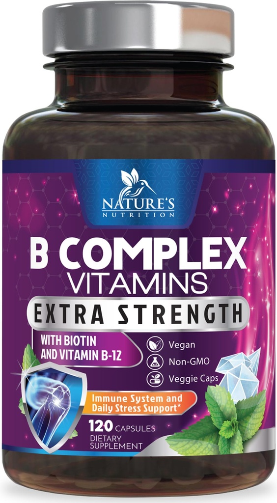 B Complex Vitamins Kapseln - mit Vitamin B12 B6 B100 C Biotin Folat & Folsäure - Ergänzung für Herz, Gehirn, & Nerve Unterstützung - Super Complete B-Komplex für Immun- & Energie-Unterstützung - 120 Kapseln