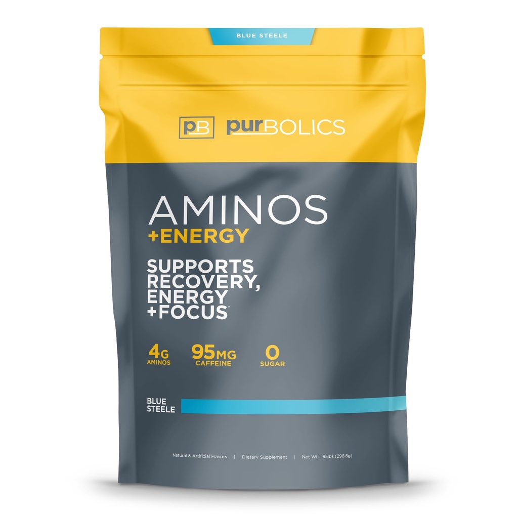 Purbolics Aminos + Energy | Unterstützt Erholung, Energie & Fokus | 95mg Koffein, 0 Kalorien & 60 Servierungen (blaue Steele)