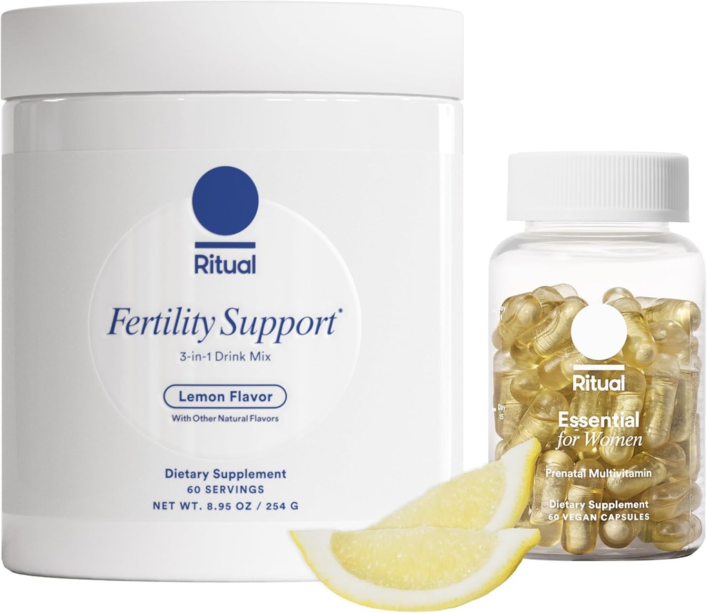 Ritual Preconception Bundle: Essential for Women Prenatal Multivitamin and Lemony Fertility Support Drink Mix Supplement mit NAC, CoQ10 und Myo-Inositol. Vegan und Formuliert, um sie zu unterstützen.*