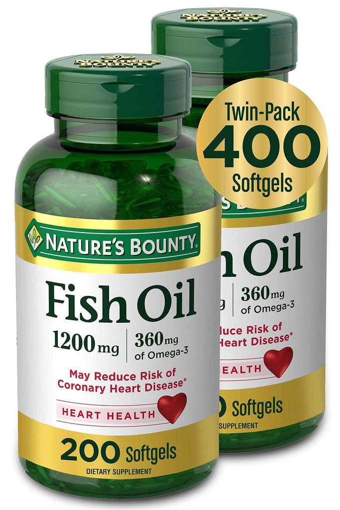 Nature's Bounty Fish Oil, Nahrungsergänzung mit 360mg Omega-3, Unterstützt Herzgesundheit, 1200mg, 200 Softgels (Pack von 2)