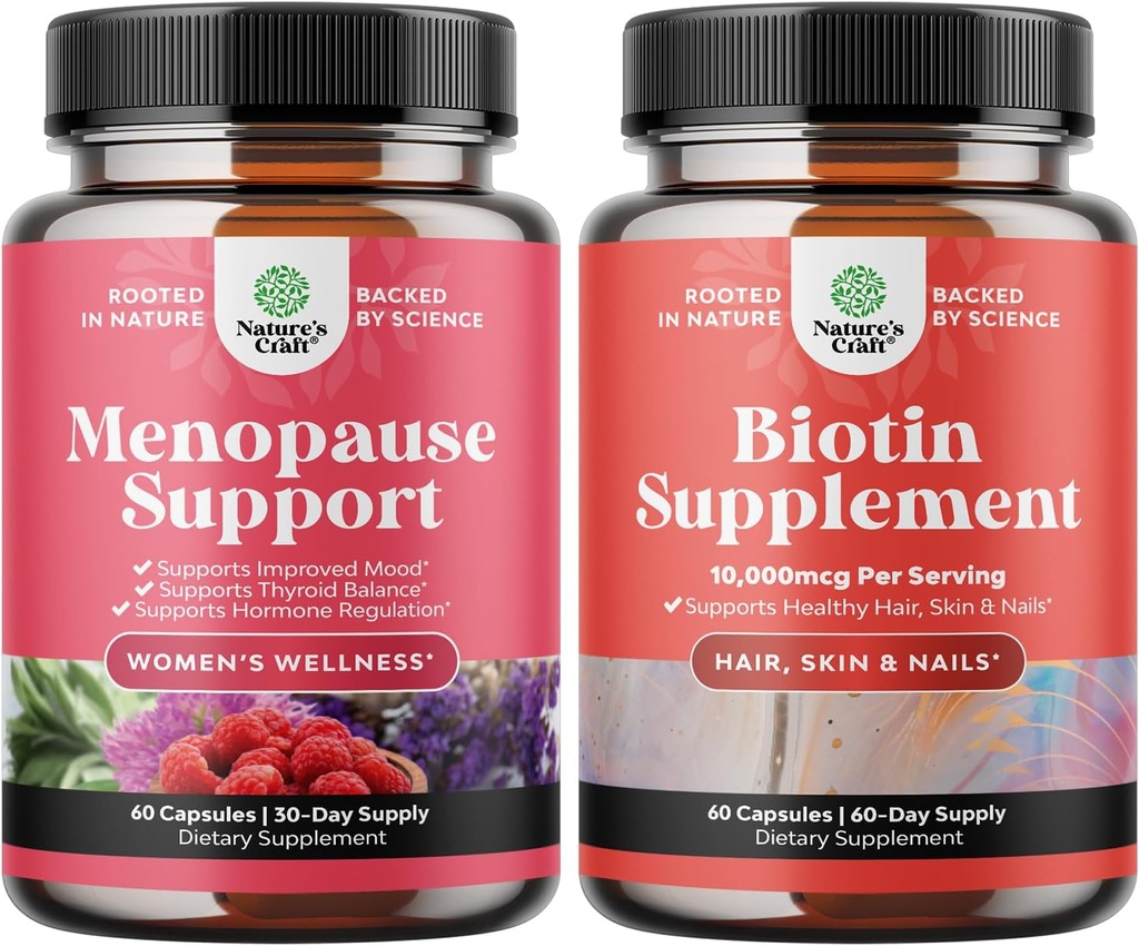 Bundle of Herbal Menopause Supplement für Damen und 10000 mcg Pure Biotin Pillen für Damen und Herren - Perfekt für Estrogen Balance - Stop Hair Loss Thinning Natural Supplement