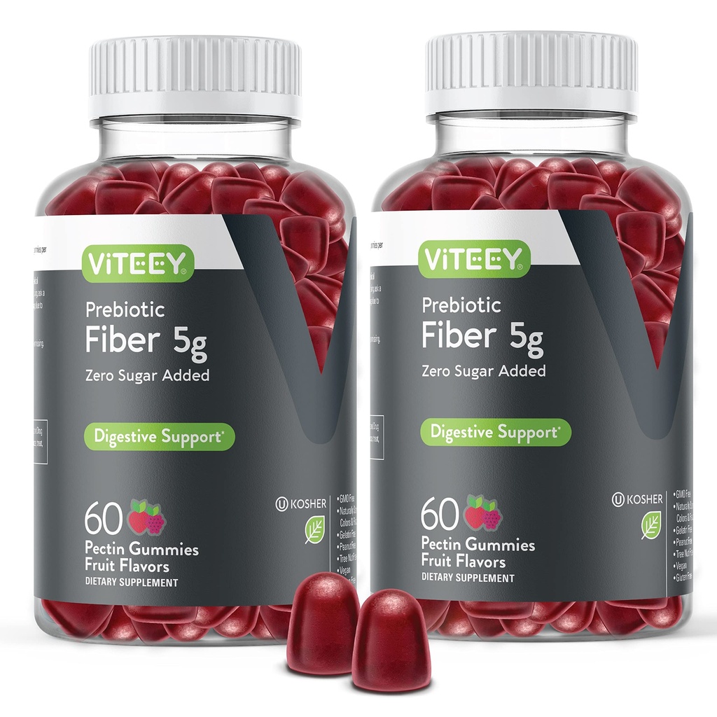 Gommies de fibre prébiotique de Viteey pour adultes, 5g - Gummes de supplément de fibre soluble de santé et digestif - Zéro sucre ajouté, végétalien, sans gluten - 120 Compte