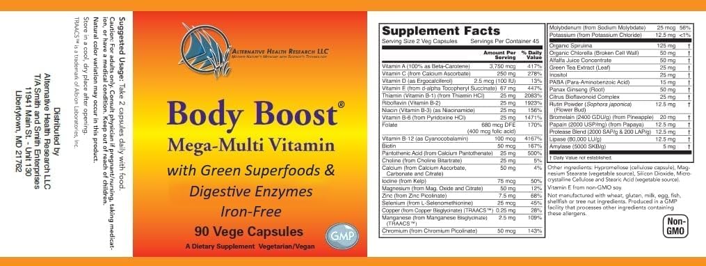 Sans fer Mega Multivitamine et supplément minéral avec des superaliments verts et des enzymes digestives- Body Boost® par Alternative Health Research