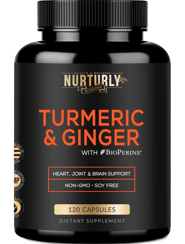 Curcumine curcumine avec biopérine et gingembre, poivre noir et 95% Curcuminoïdes - Suppléments de curcuma haute absorption pour la santé cardiaque - Non-OGM, sans gluten - 120 capsules