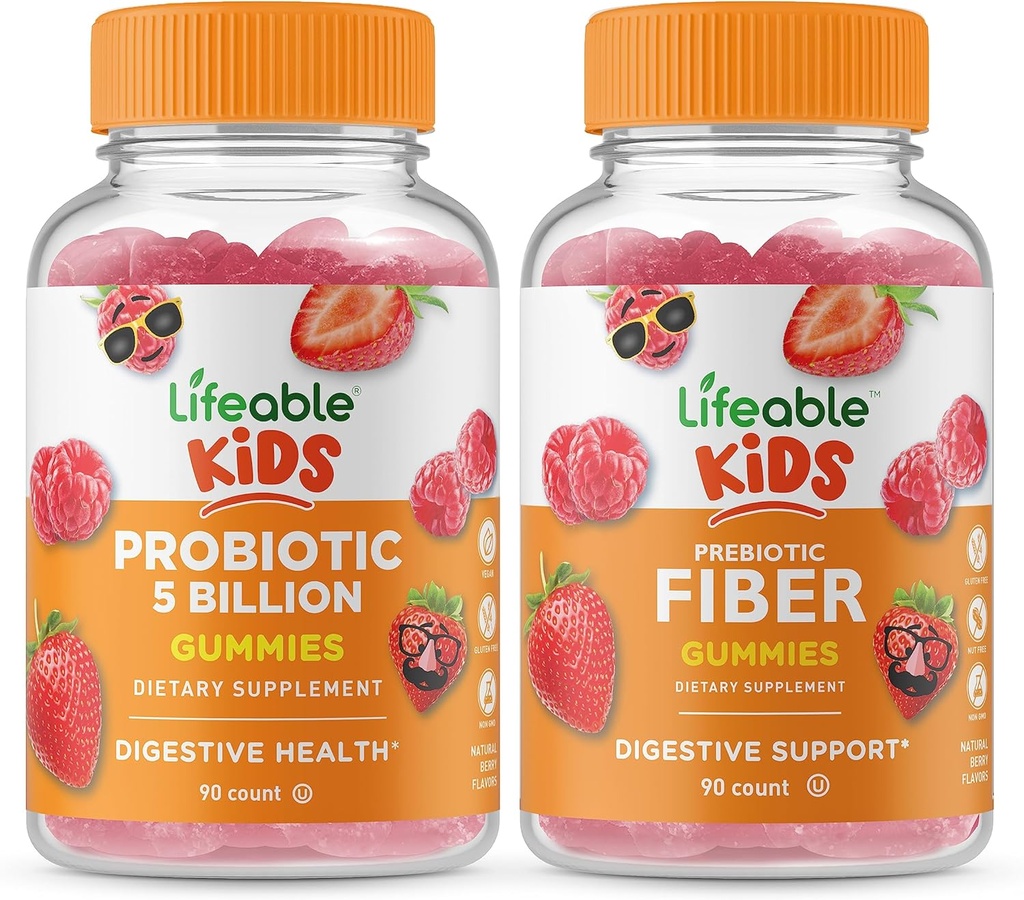 Probiotiques à vie 5 milliards d'enfants + Fibre prébiotique Enfants, Gummies Bundle - Grande dégustation, supplément de vitamine, sans gluten, sans OGM, gummy à croquer