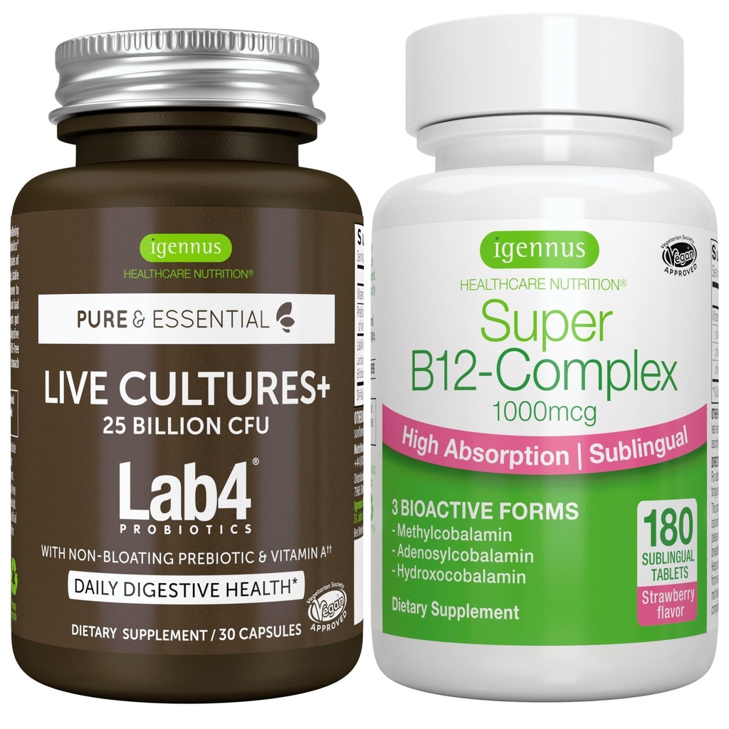 Cultures vivantes+ Lab4 Probiotiques + Super B12-Complex, groupe végétalien, 25 milliards CFU Lactobacillus Acidophilus et Bifidobacterium + Haute Absorption Sublingual B12, par Igennus