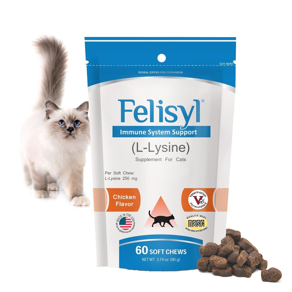 Felisyl Immunsystem-Unterstützung für Katzen - Aminosäure L-Lysin - Produce Antibodies - Gesundes Gewebe, Respiratory Health, Vision - 60 Soft Chews